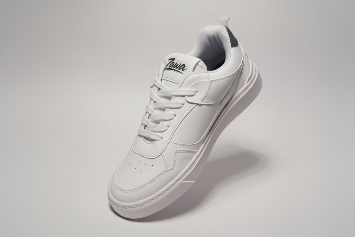 White zawa noctyra sneaker with Zawa brand logo on a light gray background