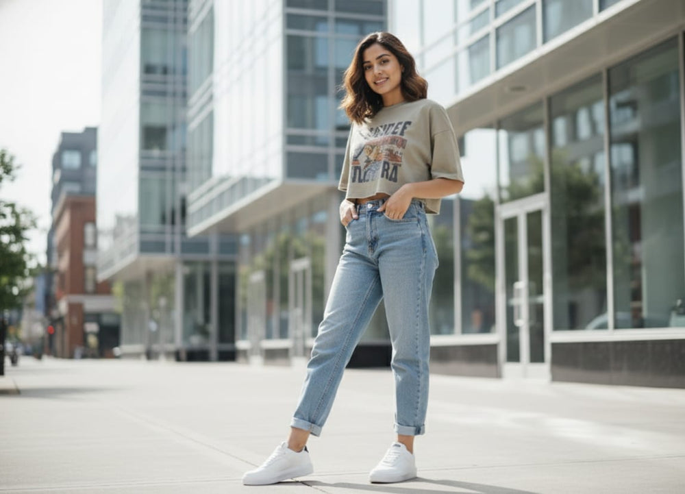 Woman in casual outfit and zawa aurion sneakers standing on a city street with modern buildings in the background