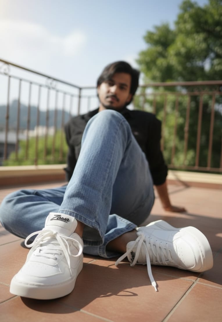 Person wearing white zawa aurion sneakers sitting on a rooftop with a scenic background