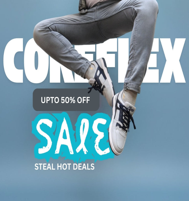 Person wearing jeans and zawa coreflex sneakers with Coreflex sale text on a blue background