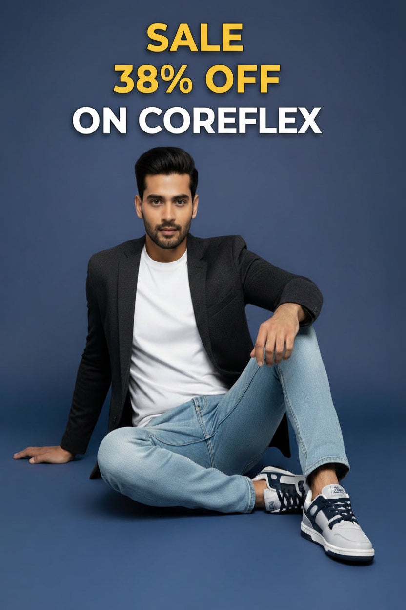 Zawa CoreFlex sneaker worn by a girl sitting on bike with promotional banner in the side