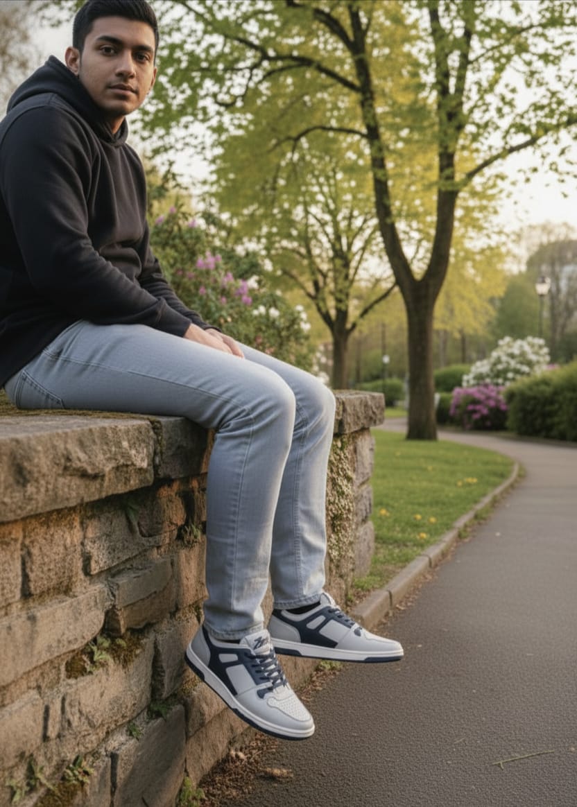 Person wearing zawa coreflex sneakers sitting on a stone wall in a park with trees and flowers in the background