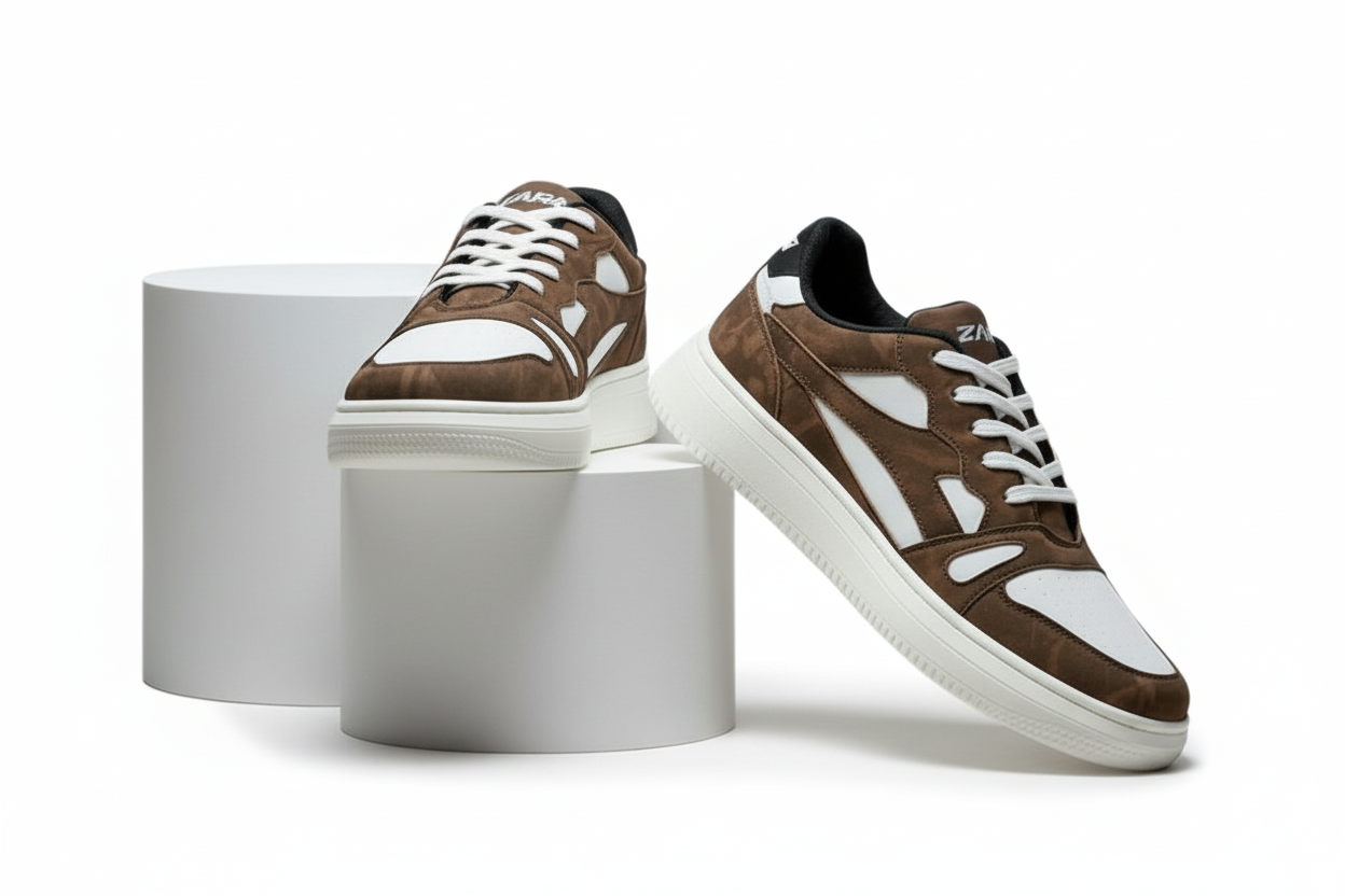 Brown and white zawa driftwood white sneakers on a white background