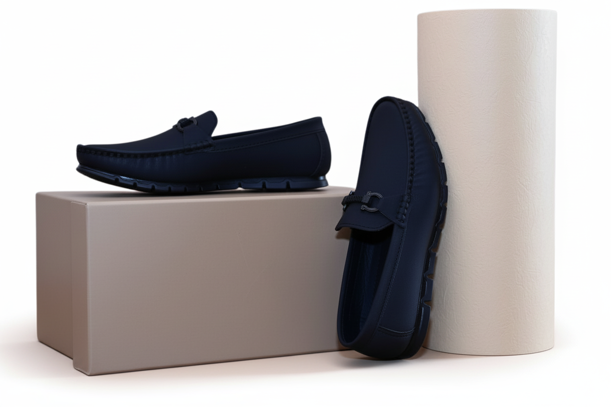 Black zawa monarcha loafers on a beige box with a white background