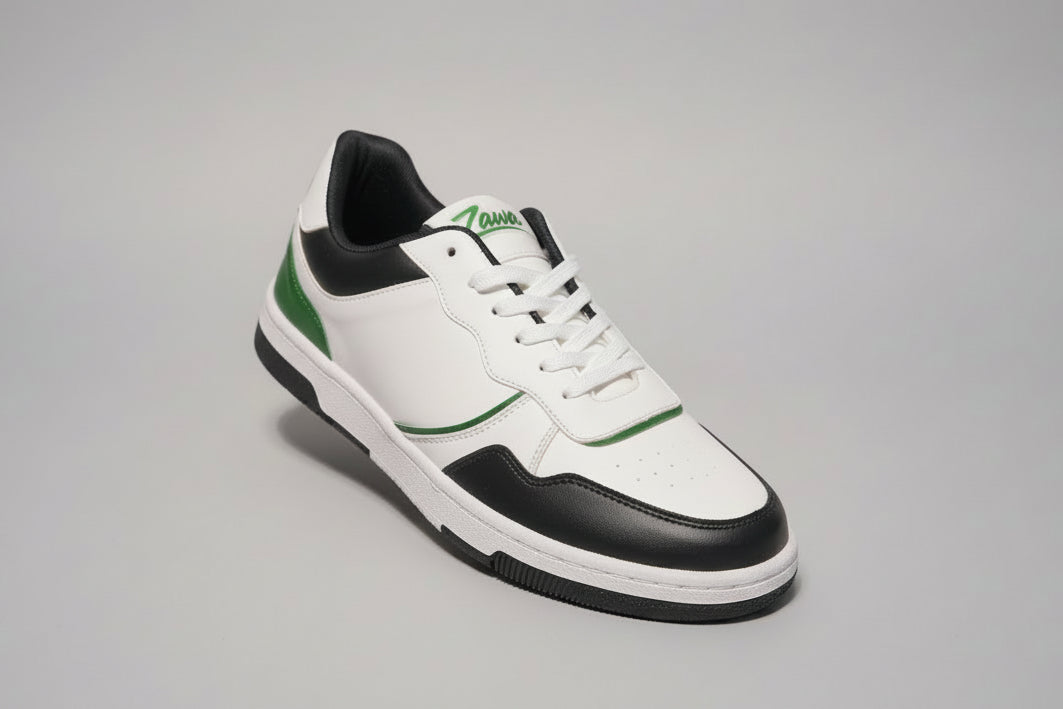 White zawa noctyra sneaker with black and green accents on a plain background
