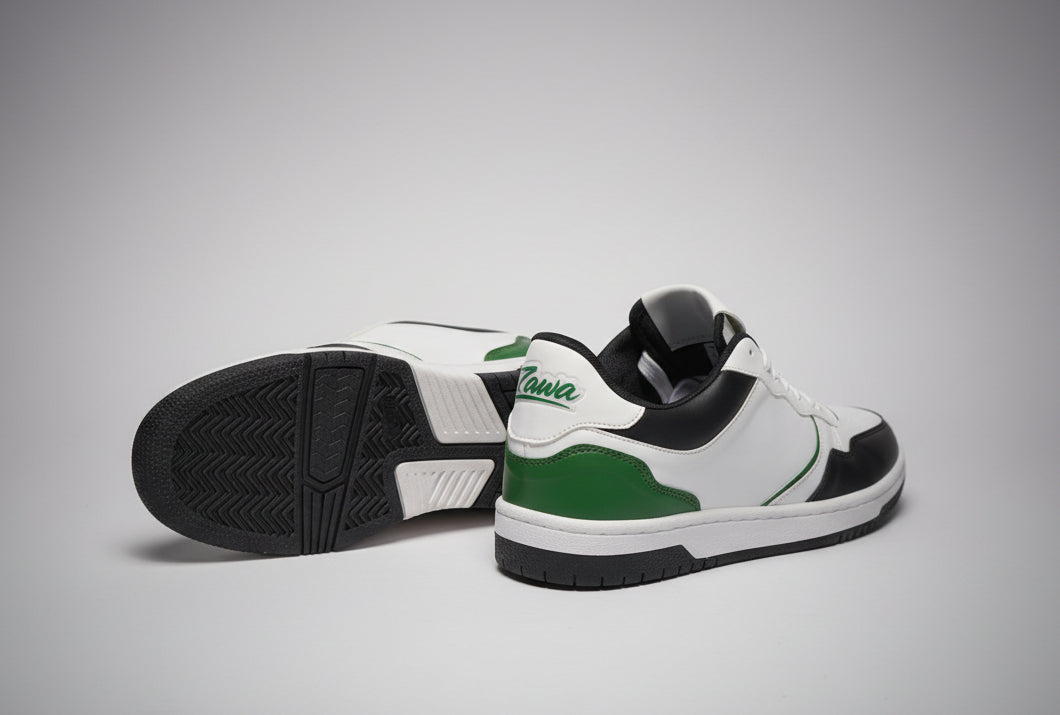 White ZAWA Noctyra sneakers with green and black accents on a plain background