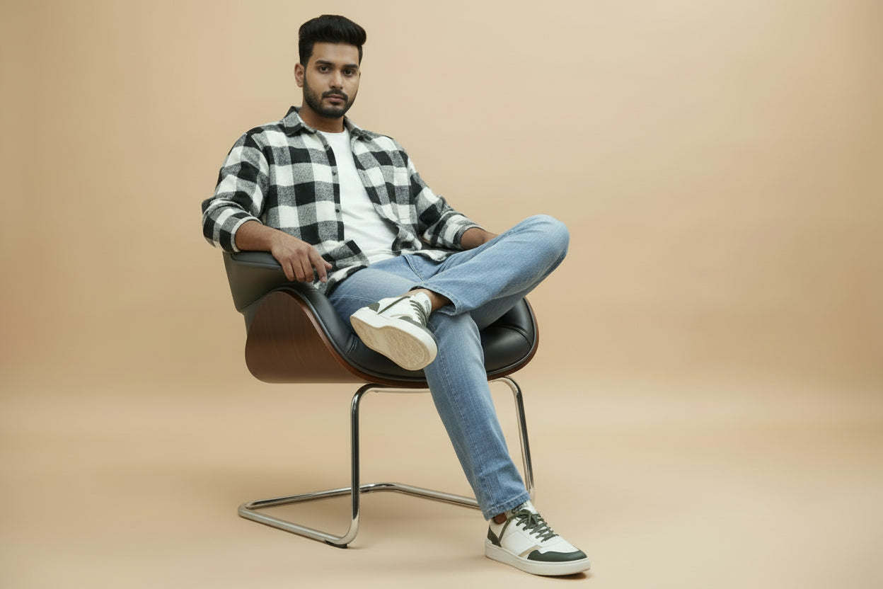 Person sitting in a chair wearing white zawa sneakers with black and green accents.